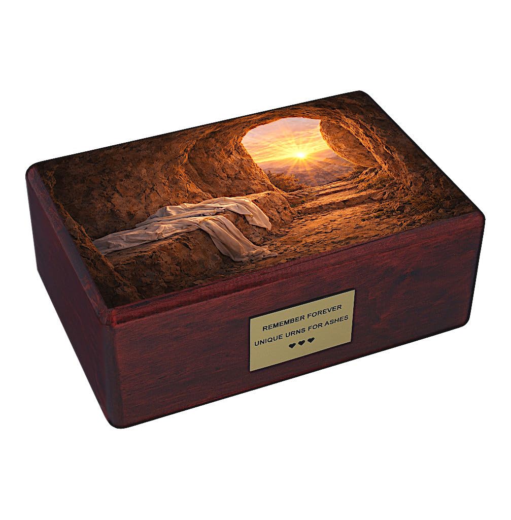 Wooden Catholic Cremation Urn for Adult Ashes – Empty Tomb Resurrection Religious Memorial Urn