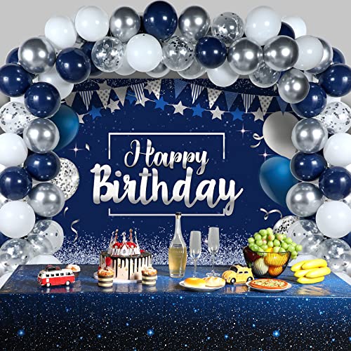 Tatuo Navy Blue and Silver Happy Birthday Balloons Backdrop Banner Kit - image 7
