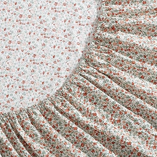 Image of Laura Ashley - Queen Size Sheet Set, Crisp Cotton Percale Bedding with Matching Pillowcases, Fully Elastic Fitted Sheet, Deep Pocket, Floral Room Decor, Breathable All-Season Comfort (Emogene Orange)