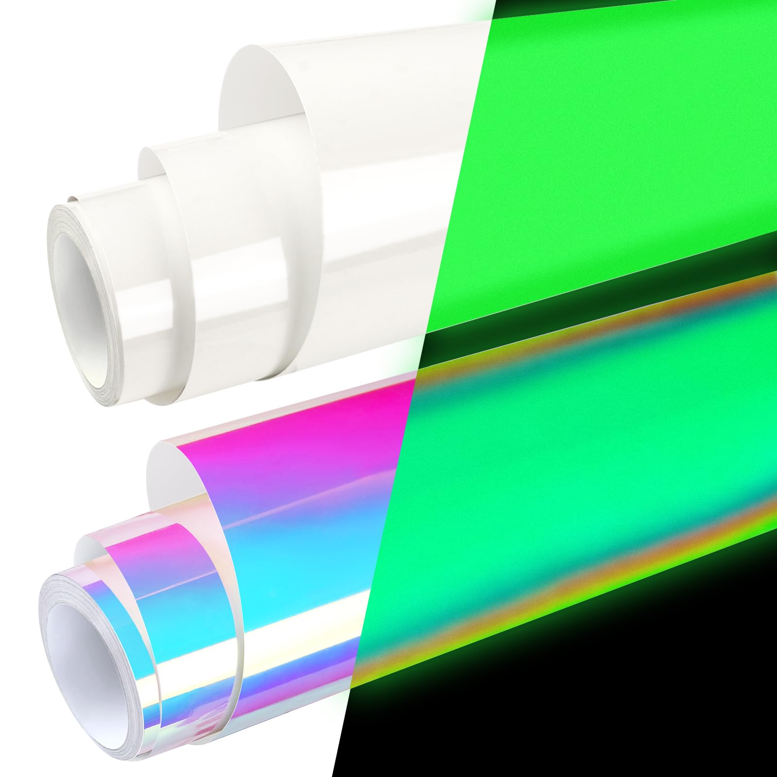 WRAPXPERT Glow in The Dark Vinyl, 2 Rolls Holographic Iridescent Permanent Vinyl - 2 Colors Vinyl (Opal White, White) Adhesive Vinyl for Wrap,Stickers,Decal,Lettering
