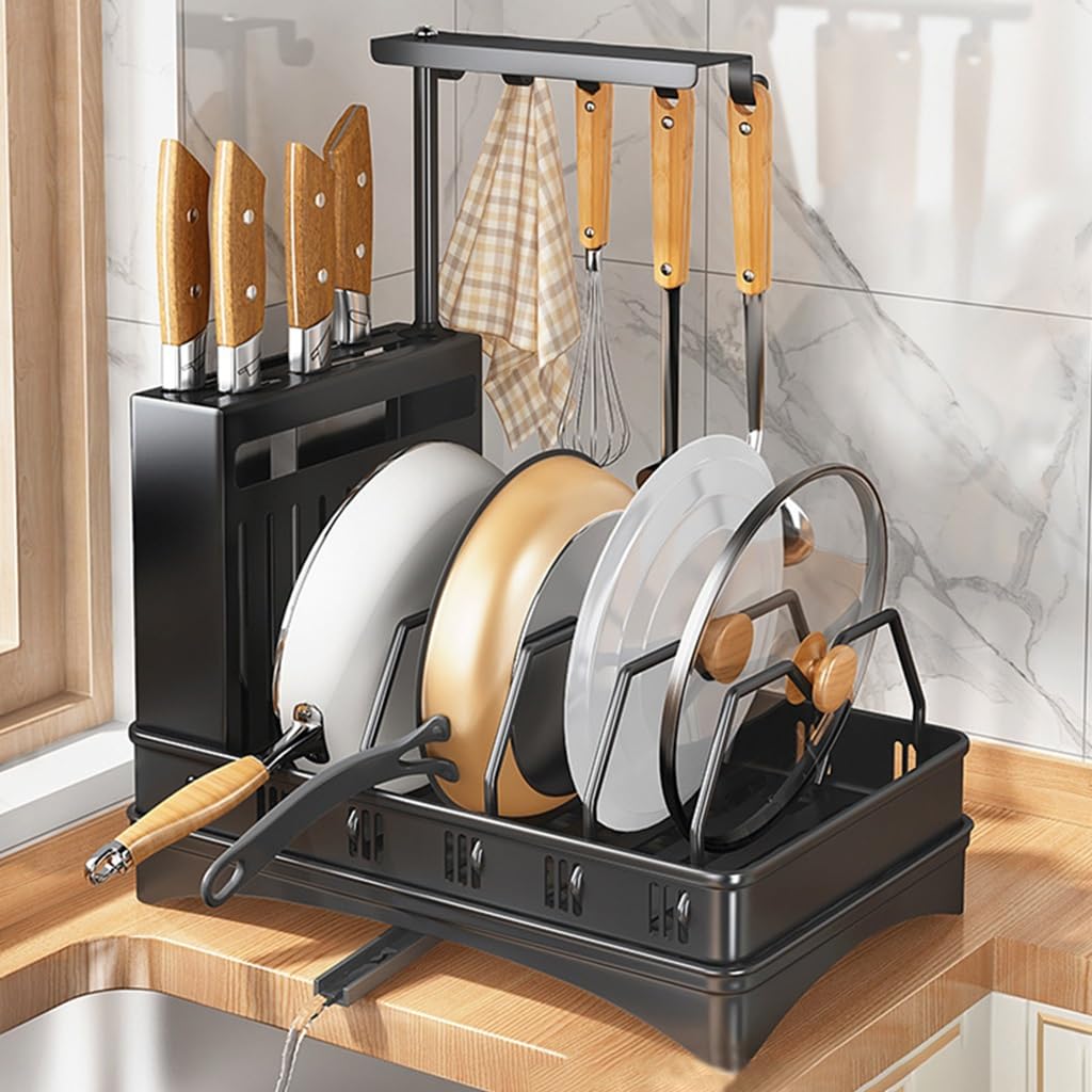 GIZNXBA Abtropfgestell Geschirr Mit Ablauf, Geschirrtrockner Abtropfgestell Für Küchenspüle, Geschirr Abtropfständer Abtropfgitter Mit Utensilienhalter Und Messerschlitzen (Color : /Black)