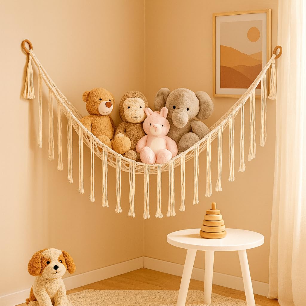ecofynd Stuffed Soft Toy Organizer, Animal Toy Hammock, Hanging Cotton Storage, Boho Large Corner Plush Toys, Net Holder, Nursery Kids, Play Room, Bedroom, Kid Room (BH009)