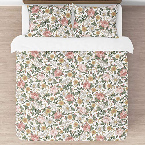 Image of Sweet Jojo Designs Vintage Floral Boho Girl Full /Queen Size Kid Childrens Bedding Comforter Set - 3 Pieces - Blush Pink, Yellow, Green and White Shabby Chic Rose Flower Farmhouse