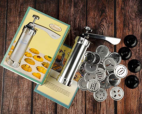 Shule Cookie Press Gun Kit for DIY Biscuit Maker and Decoration with 20 Stainless Steel Cookie discs and 4 nozzles, Silver - Thumbnail 7