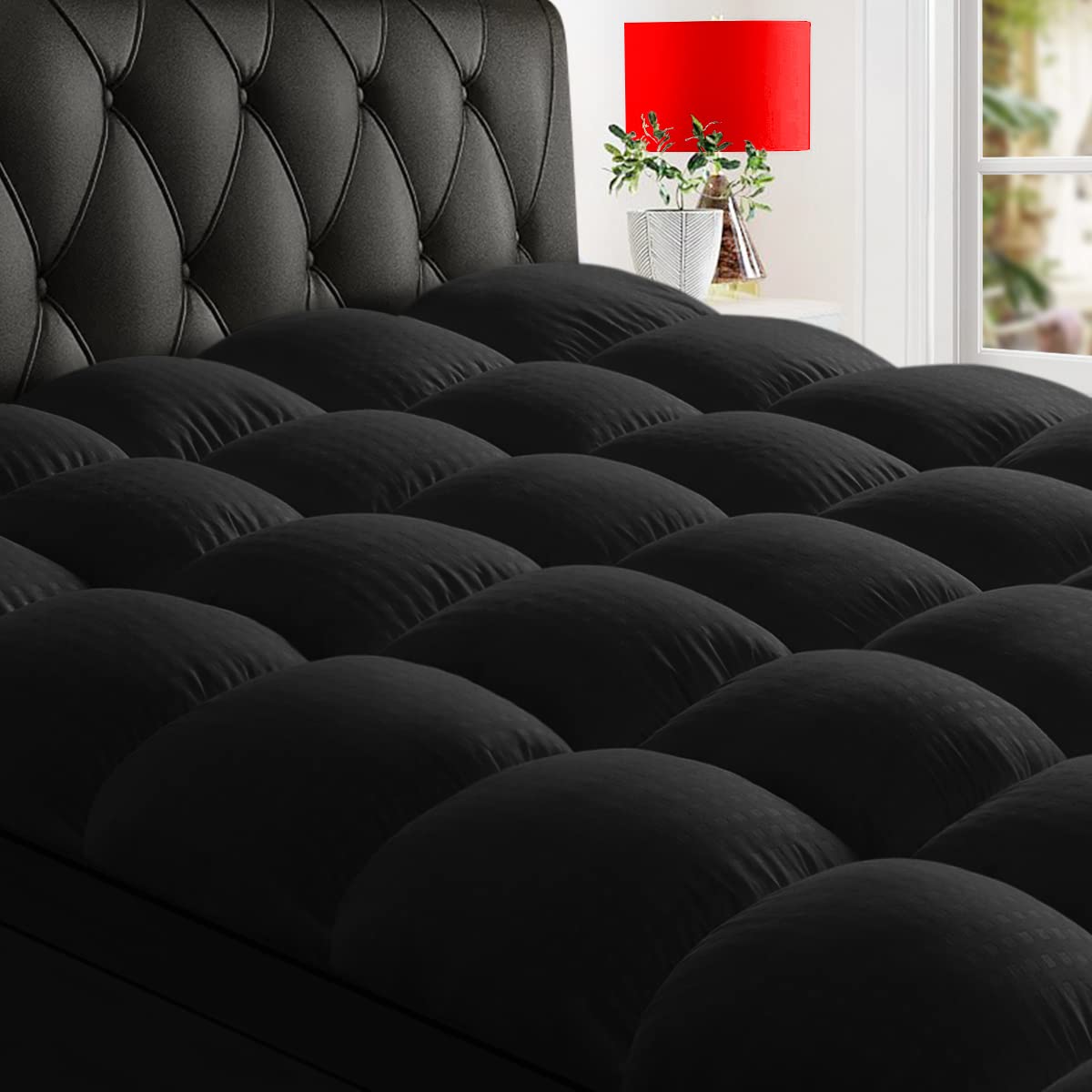 HYLEORY Twin XL Size Mattress Topper for Back Pain, Extra Thick Cooling Mattress Pad Cover, Down Alternative Overfilled Plush Pillow Top with 8-21 Inch Deep Pocket, Black