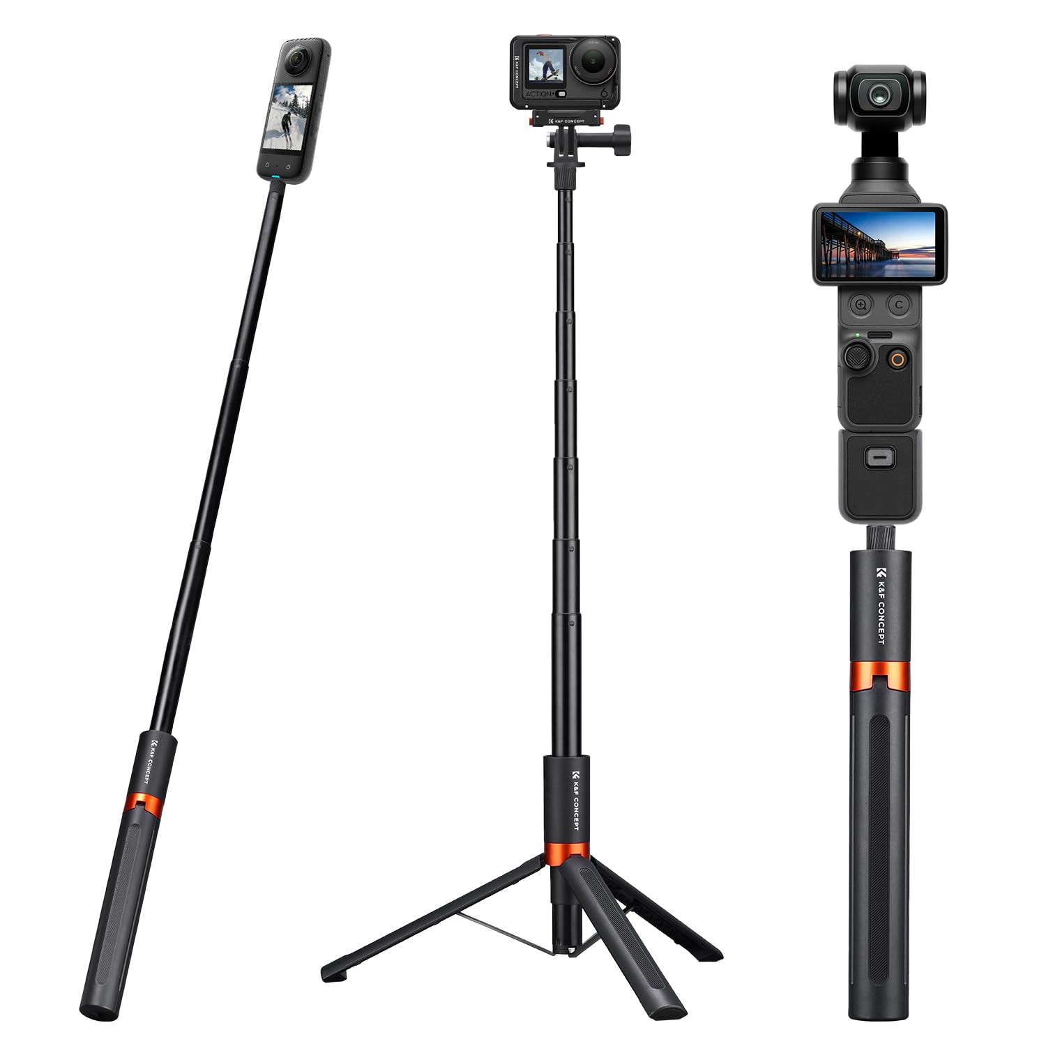 K&F CONCEPT 168 cm Selfie-Stick für Actionkamera, 2-in-1 Selfie Stick Stativ, Unsichtbarer Selfiestick für Insta360 X5/X4/X4 Air/Ace Pro, Insta360 Luna Ultra, Osmo Pocket 4/3, Osmo Action 5 Pro/6/4