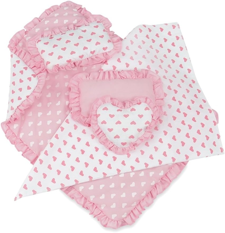 Emily Rose 18" Doll Pink Heart Valentines Bedding Set – 5 Pc Doll Bed Bedding & Bedroom Accessories with Comforter, Pillows & Matress Covering Flat – Fits American Girl, Bunk Beds, Cribs
