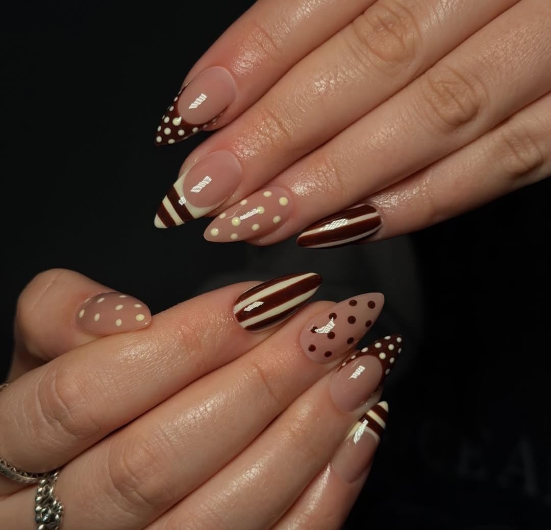 Press-on Nails Almond Shape, Chocolate Brown Polka Dot Stripe | 12 Pieces Set, French Tip Design, Includes Nail Glue, Adhesive Tabs Included, Reusable False Nails-image-35