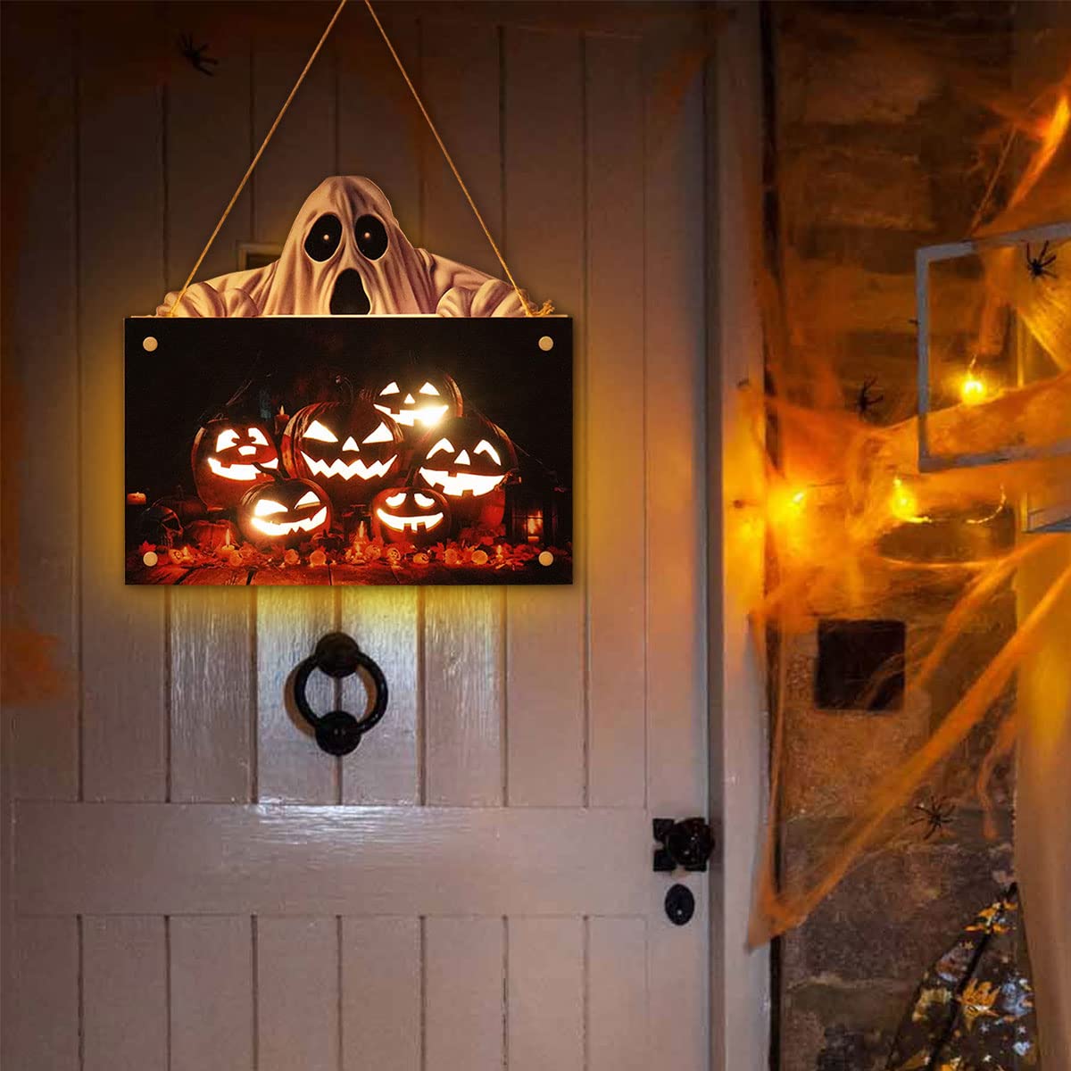 Kürbis Halloween Wandschild - Leuchtendes Türschild 32x24cm