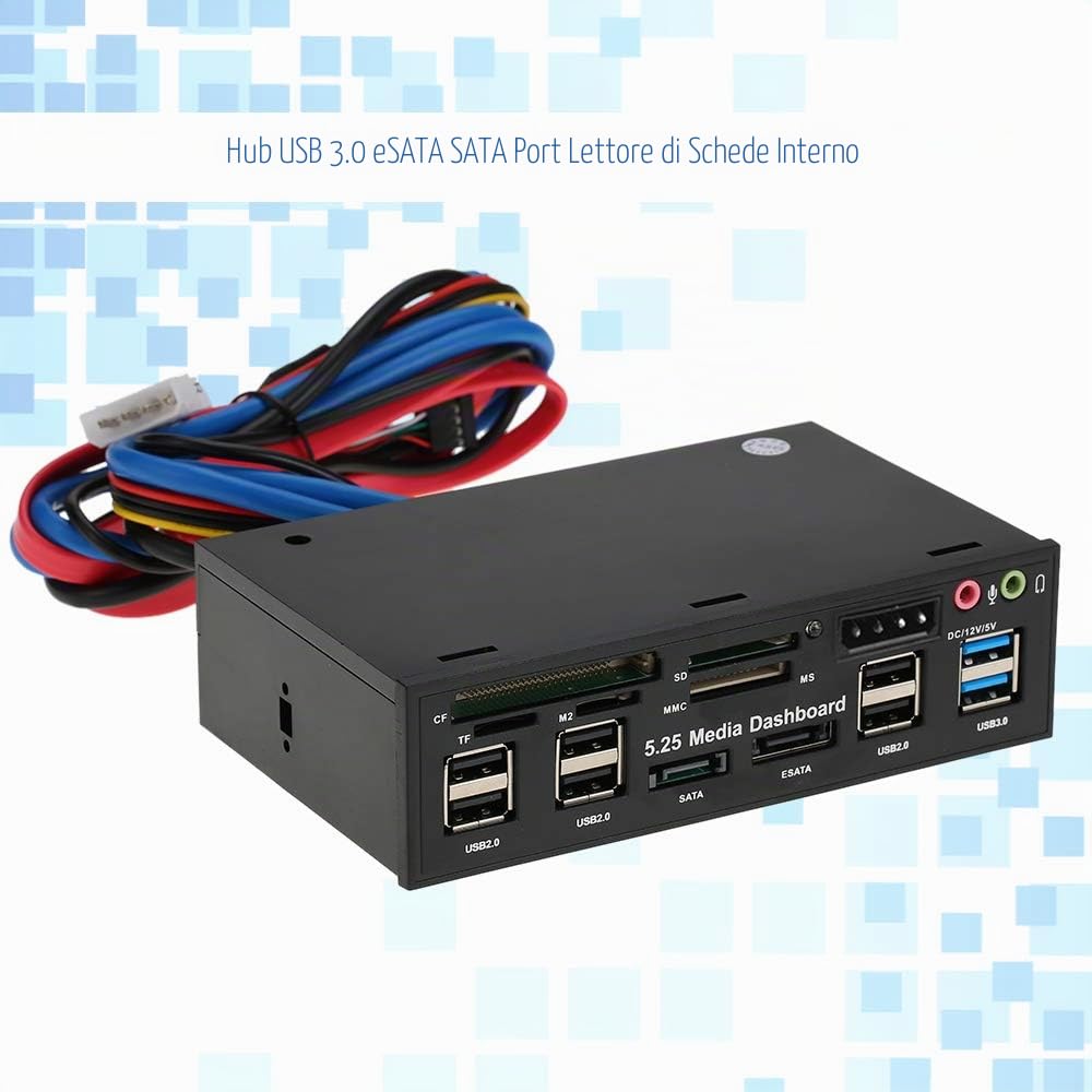 Scheda di memoria multifunzione USB 3.0 Hub eSATA SATA Lettore di schede interne PC Media Dashboard Media Pannello frontale per SD MS CF TF M2 Schede di memoria MMC Adatto a 5,25 "