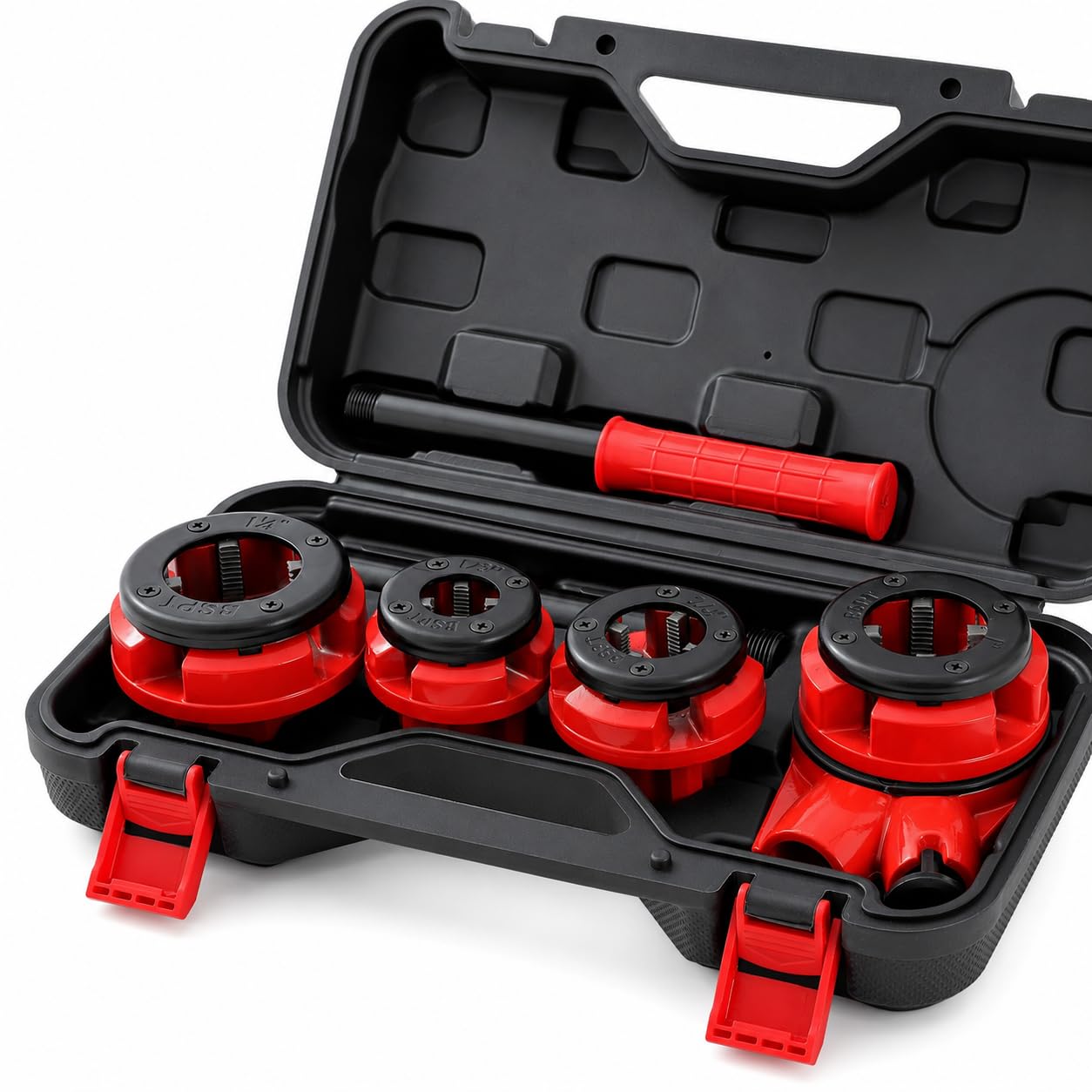 KATSU Tools Set di utensili manuali per filettare tubi da 1/2 "- 1-0,6 cm, kit infila tubi a cricchetto con 4 fustelle in lega di alluminio, manico in acciaio, strumento idraulico per filettatura