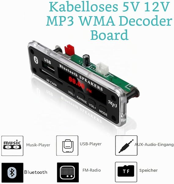 Bluetooth Wireless DC 5-12V MP3 WMA Decoder FM AUX USB SD Audio Module for Car Music Speaker