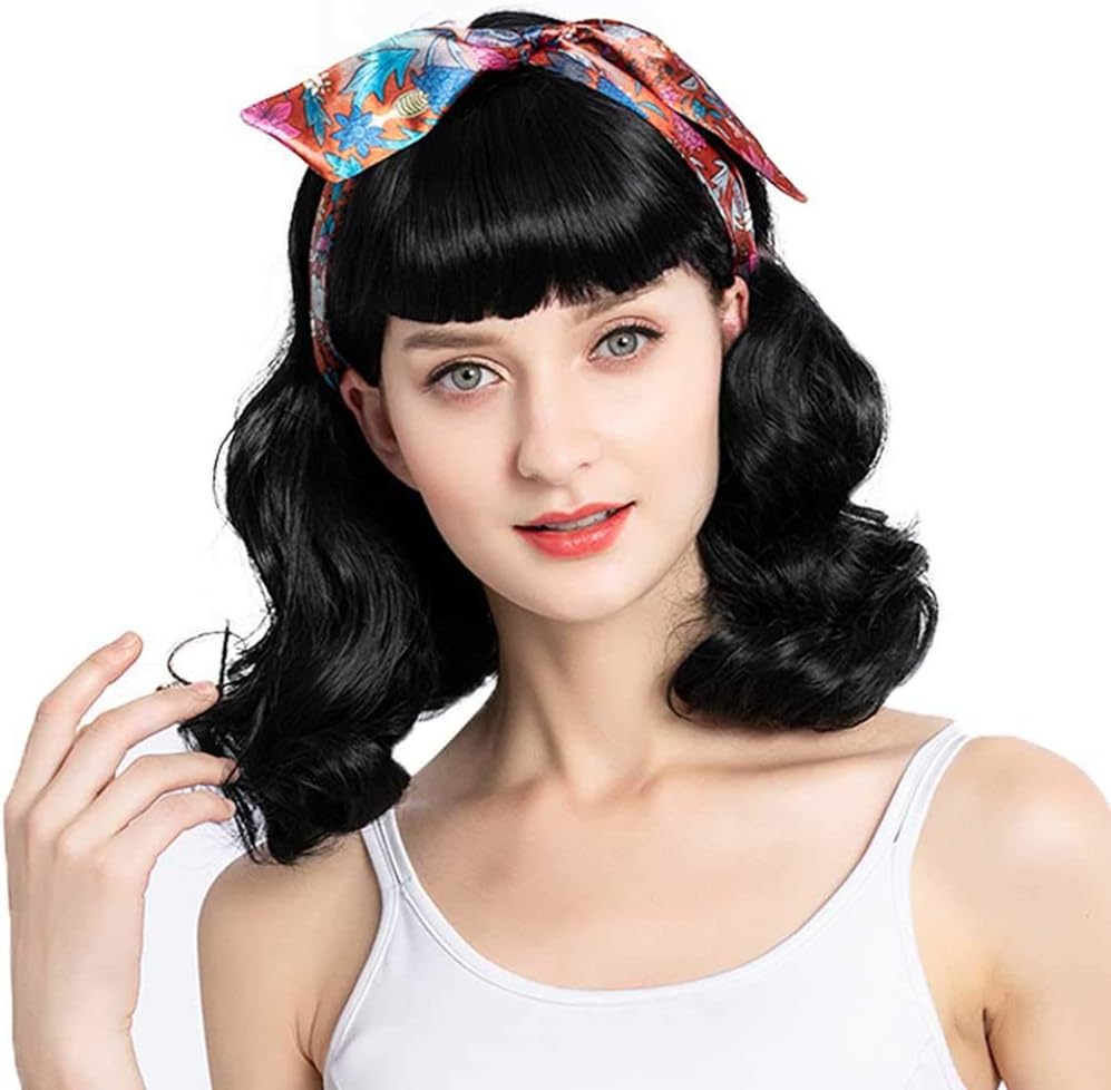 50s Rockabilly Vintage Wavy Black Wig With Bangs - Bettie Page Wig for Woman - Cosplay & Daily Use (14'')