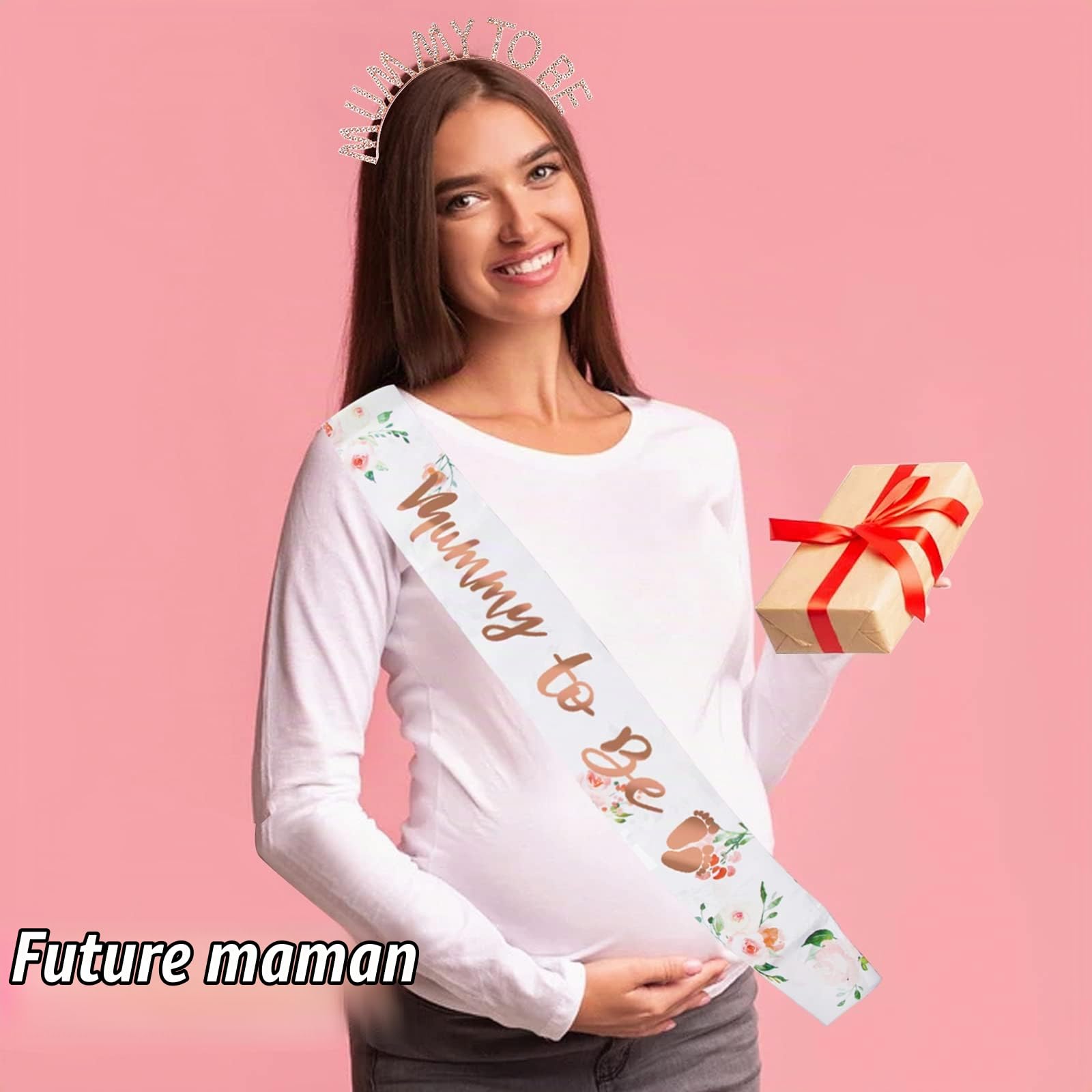 BETESSIN Echarpe Mummy to be Couronne Future Maman Diadème Tiare Princesse Bandeau Serre-Tête Bande Satin Sash Ruban en Polyester Ceinture Décoration Party Baby Shower Baptême (Rose)