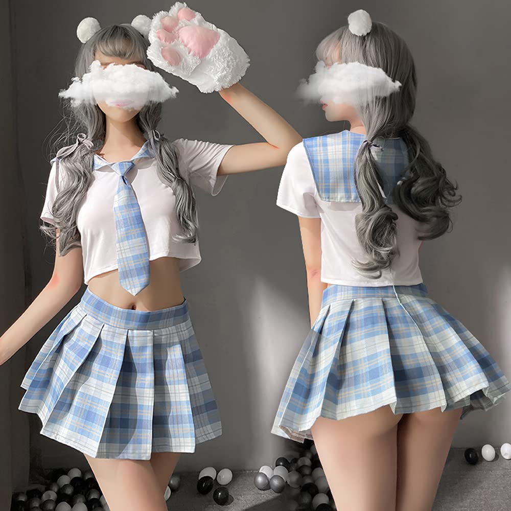 Schoolgirl Outfits Japanese Plaid Pleated Skirt JK Uniform Cosplay Lingerie: 7039white Blue