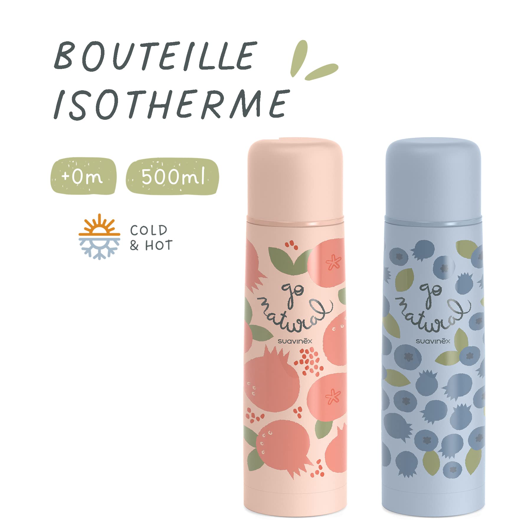 Suavinex, Bouteille Isotherme, Thermos Bébé 100% Inox. Maintient la Température Pendant Plus de 6 Heures. Hermétique, Fermeture Par Pression. Qualité et Résistance. 500 ml, Myrtille, Couleur Bleue