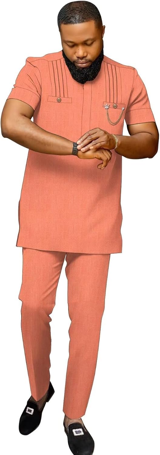 Afrilisco African Dashiki Suits for Men Wedding Short Sleeve 2 Piece African Mens Outfits Male Formal Attire Slim Fit