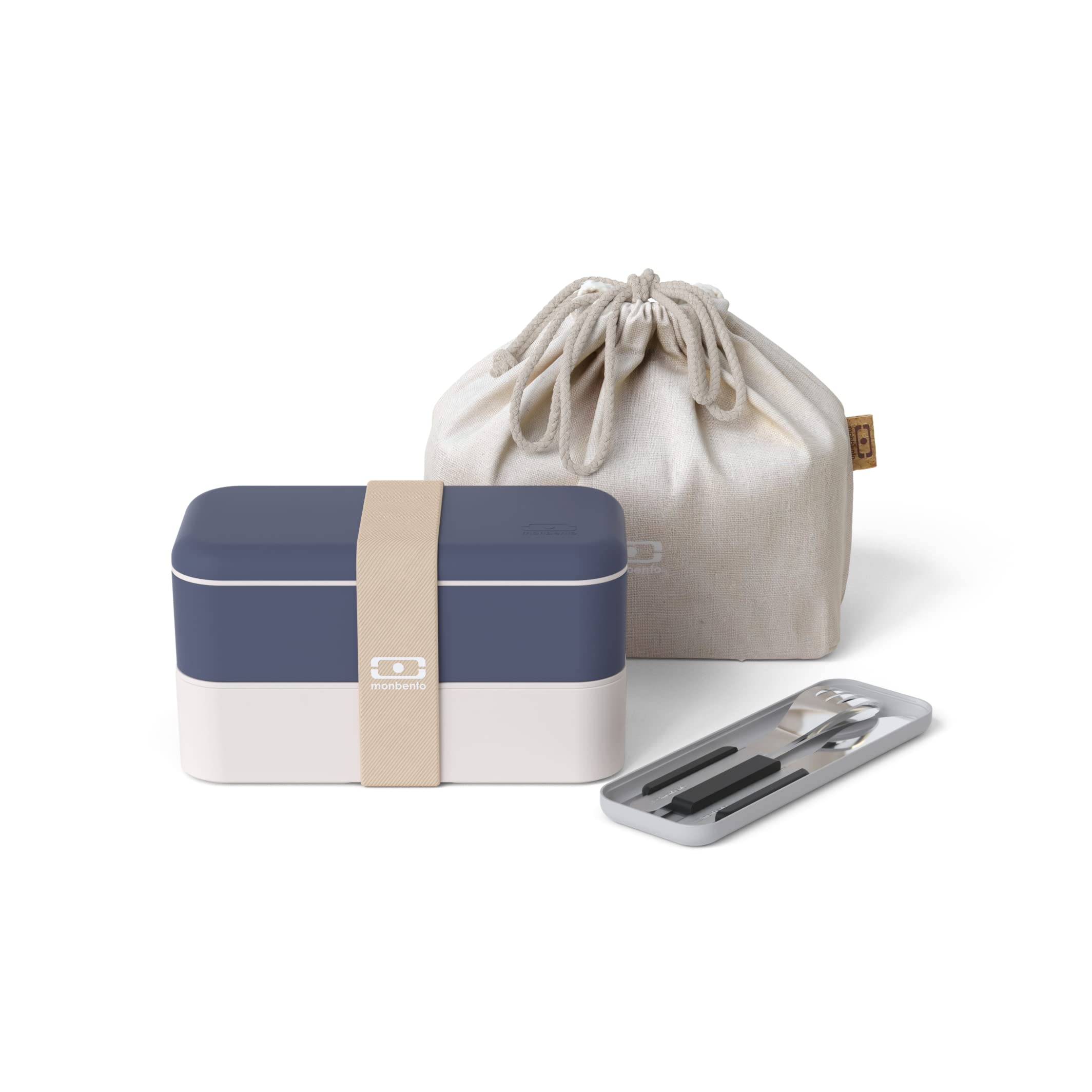 monbento - Natural Lunch Box Set - with Bento Box MB Original with Compartiments Made in France, Cutlery Set MB Slim Box, Lunch Bag MB Pochette M - BPA Free - Food Grade Safe - Blue and Cream