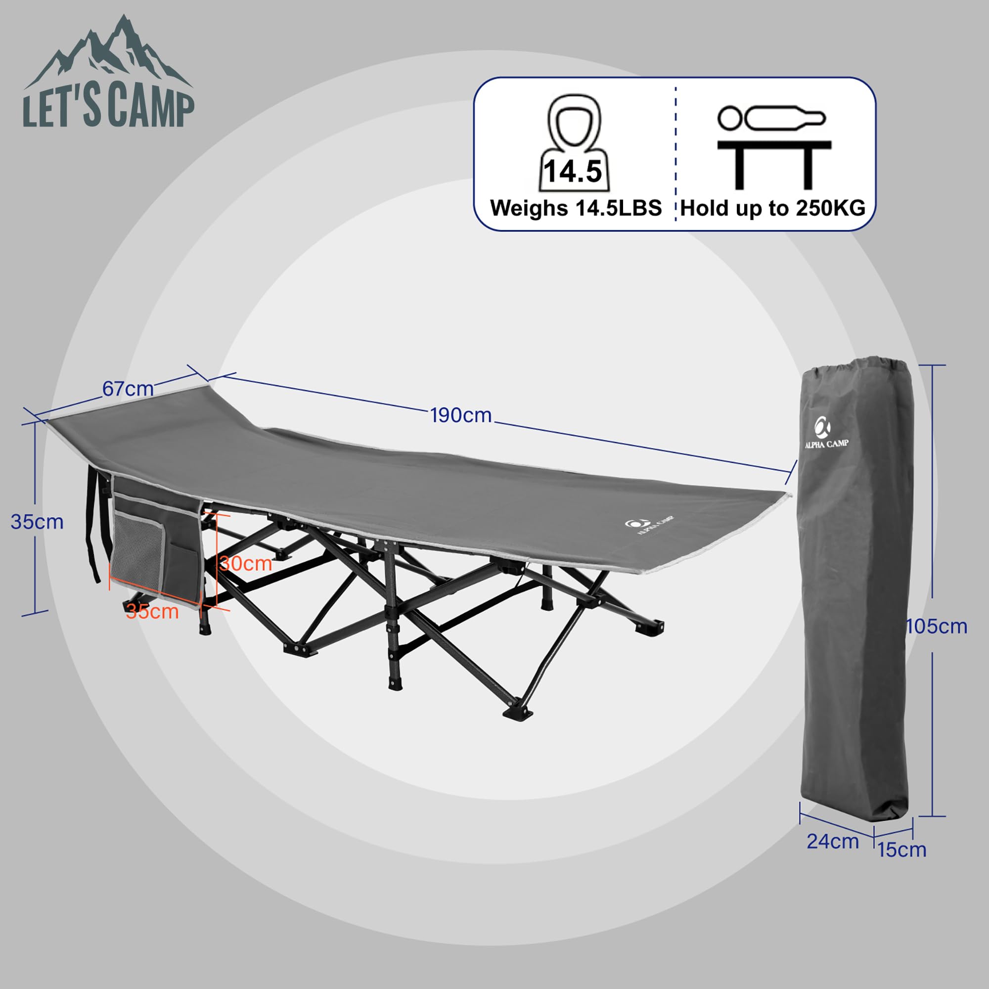 LET'S CAMP Campingbett Feldbett Klappbar Ultraleicht Campingliege mit Seitentasche und Tragetasche, Oxford-Gewebe Stabiles Schlafbett Gästebett für Camping, Outdoor, Indoor