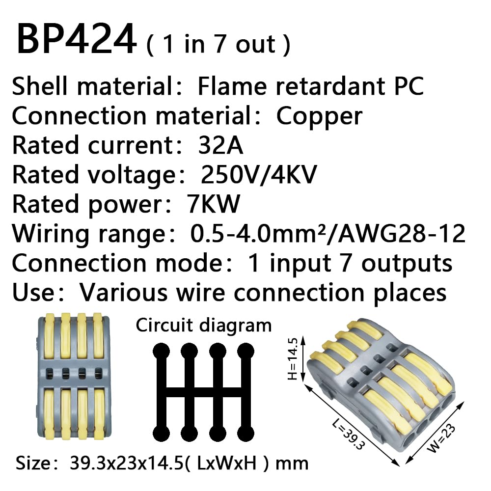 10/25/50/100PCS 1 in Multiple out Wire Connectors Terminal Block Conductor SPL Push-in Block Cable Splitter LED Light conector (BP424,100 PCS)
