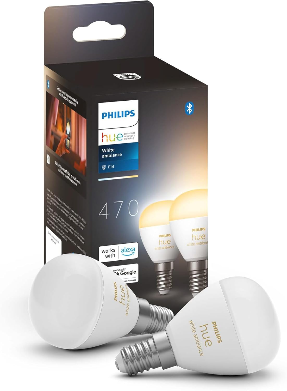 Philips Hue White Ambiance Luster Sensible LED Gentle Bulb 2 Pack [E14 Edison Screw] for Indoor Residence Lighting, Livingroom, Bed room.