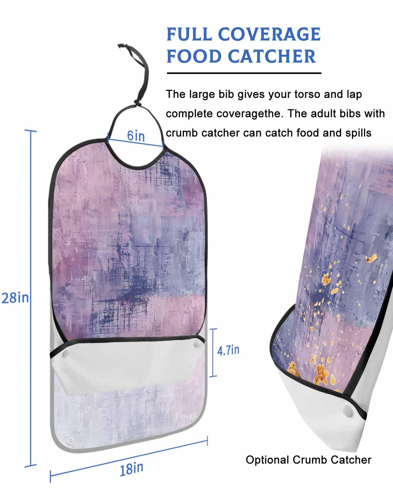 LEOKOTI Pink Purple Adult Bibs for Eating, Waterproof Bibs with Food Catcher & Adjustable Snap Closure, Modern Abstract Art Oil Painting Washable Clothing Protectors Adult Bibs for Elderly Women/Men