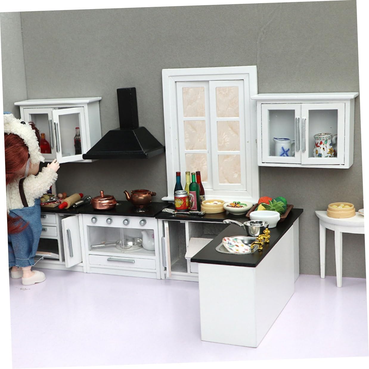 BESPORTBLE 12 Scale Mini Kitchen Furniture Set, 7pcs White Wooden Dollhouse Kitchen Accessory for Creative Play and Miniature Doll House Decoration