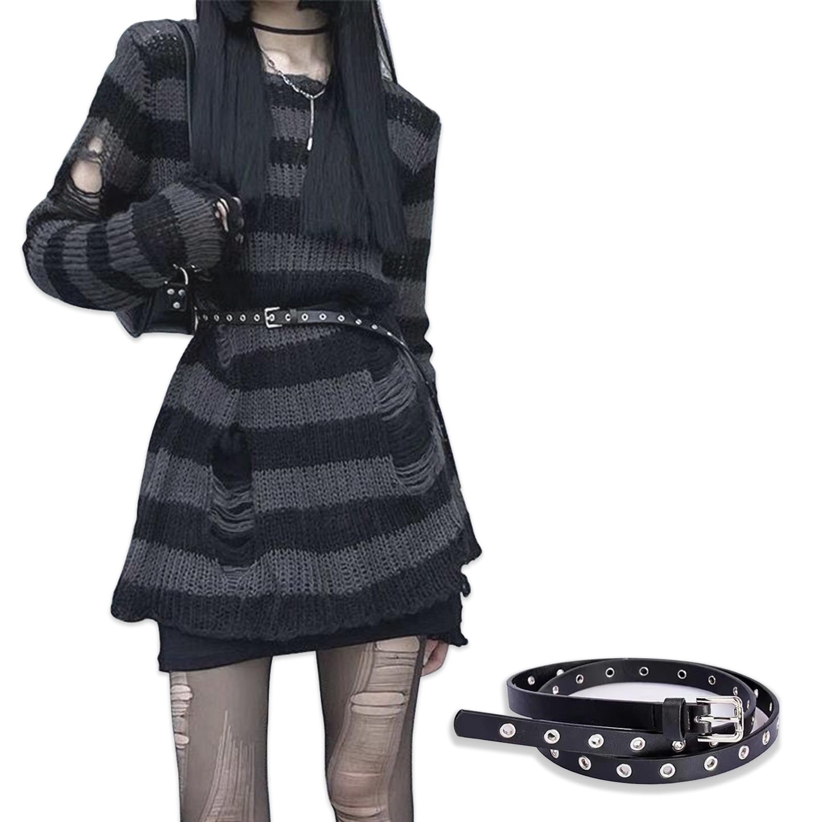 Goth Y2K Striped Sweater with Belt Ripped Punk Gothic Long Sweaters Grunge Distressed Halloween Pullover Tops for Women