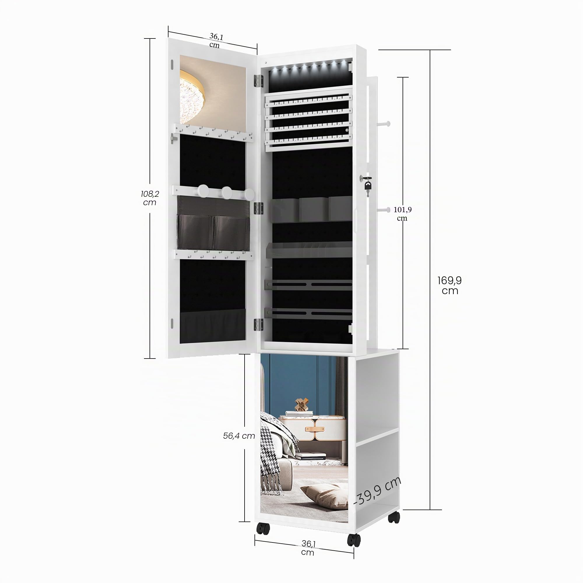 Armario Joyero 8 LEDs Organizador de Pie con Espejo Cuerpo Entero Cerradura 4 Ruedas 3 Niveles Blanco y Negro