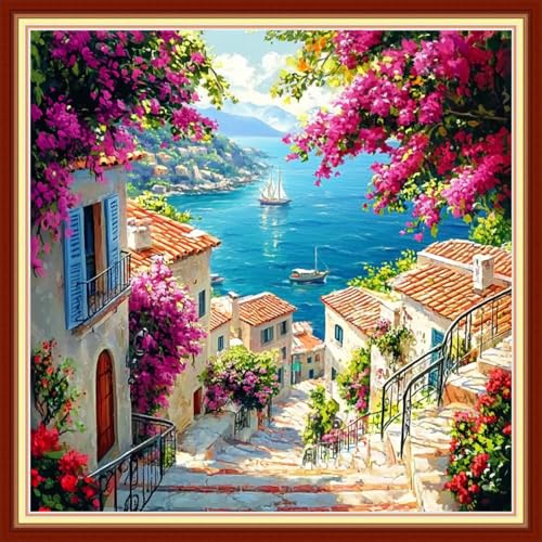 Image of Redxing Stamped Cross Stitch Kits Embroidery kit for Beginners Adults Full Range of Embroidery Patterns Starter Kits DIY Printed Cross Stitch Kits Needlepoint Kits 11CT-Seaside Scenery 18x18 inchs
