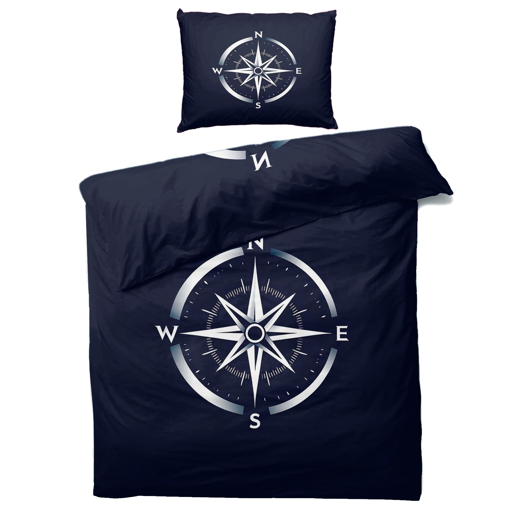 Housse de Couette 240 x 260 Nautique - Decoration Nautique, Parure de Lit 2 Personnes Boussole Bleu Marine, Linge de Lit en Microfibre Douce avec Fermeture éclair, 2 Taies d'oreiller 65x65 cm J#&270