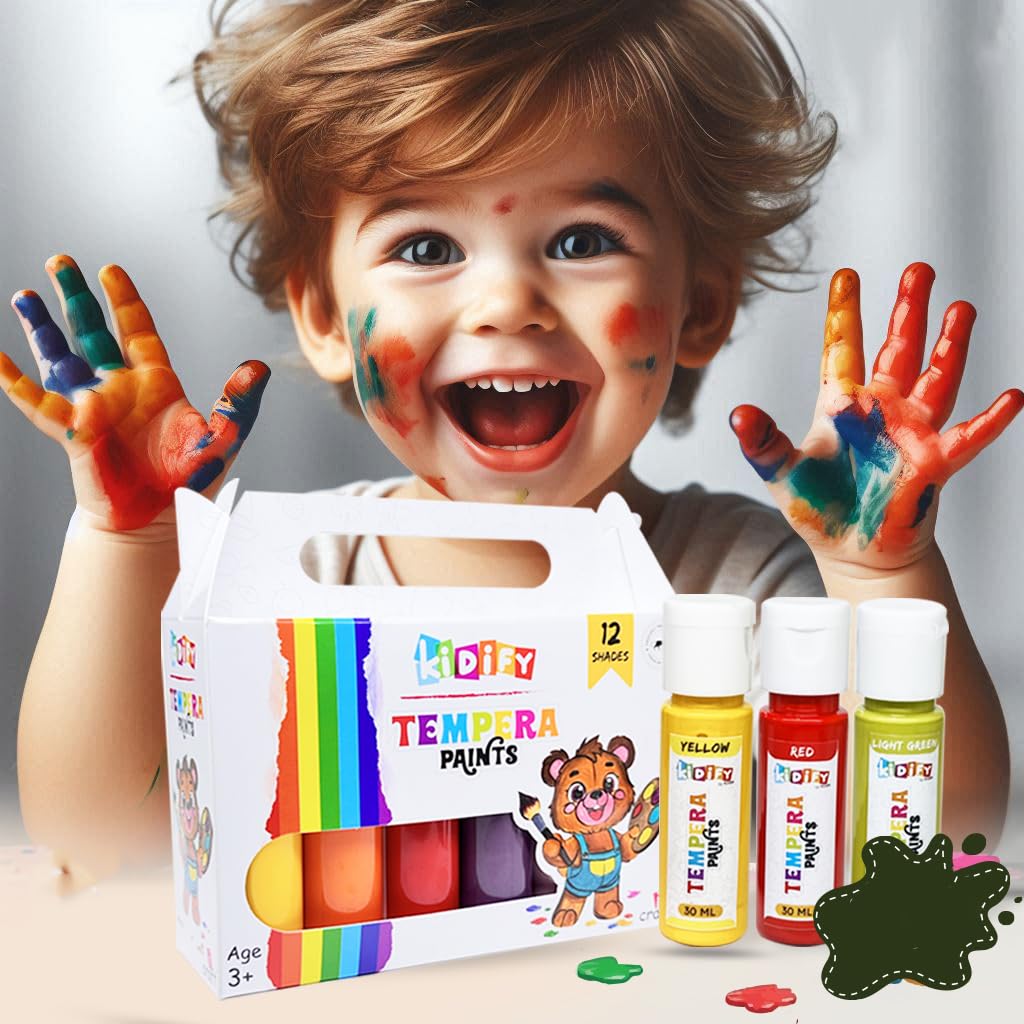 Kidify Tempera Paint for Kids - Washable Colors, 12 Brilliant Shades, Non-Toxic Face Paint and Finger Painting Kit for Kids 3+ Years, Safe & Easy to Clean, 30ml Bottles