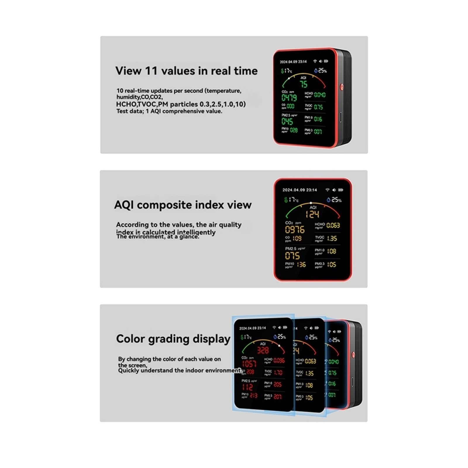 Rilevatore di gas, Rilevatore di qualità 'aria digitale domestico ricaricabile Tuya WIFI 15 in 1 CO2/CO/TVOC/HCHO/PM2.5/Temp/Umidità for la casa intelligente(Black White)
