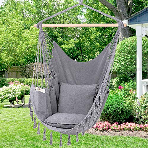 Y- STOP Hammock Chair Hanging Rope Swing-Max 330 Lbs-2 Cushions Included-Large Macrame Hanging Chair with Pocket- Quality Cotton Weave for Superior Comfort,Durability (Light Grey)