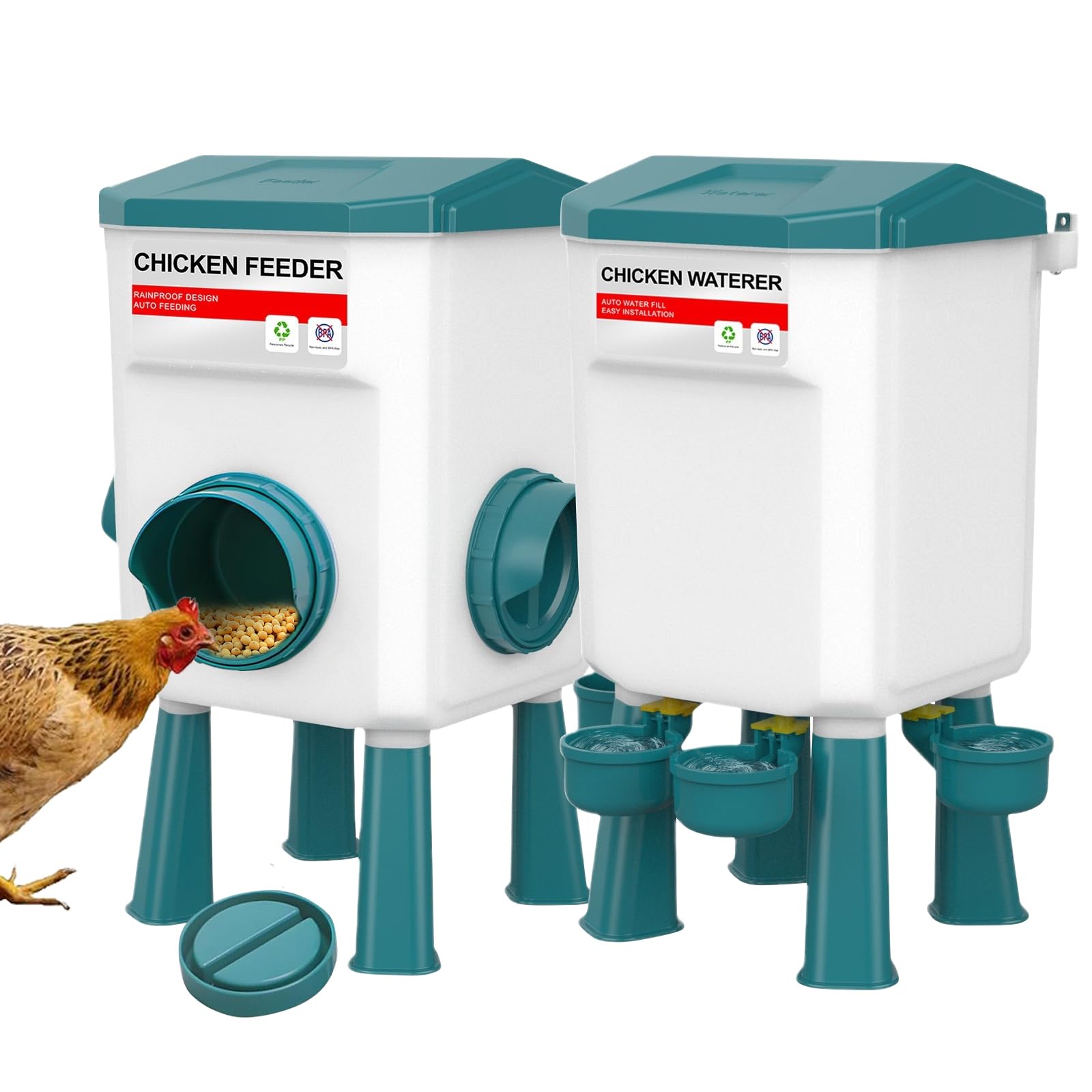 Set de comedero automático para pollos y bebedero para aves, dispensador de alimento para pollos de 8 kg y bebedero para pollos de 7 L, alimentación para aves al aire libre con patas desmontables