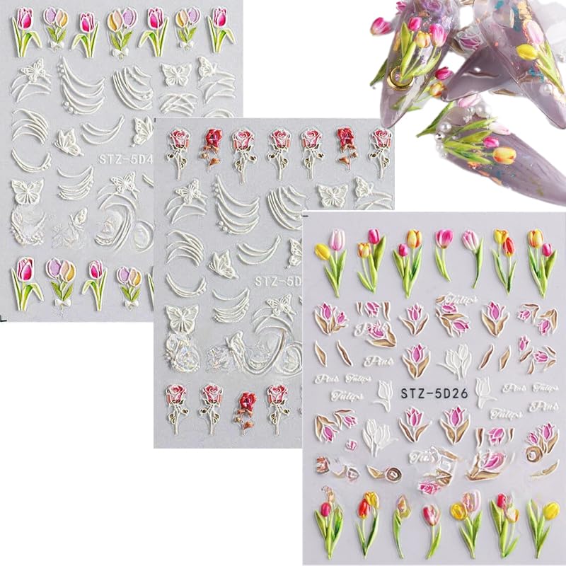 5D Embossed Flower Nail Art Stickers,Self-Adhesive Flowers Nail Decals,Colorful Floral Nail Art, Rose Butterfly Stickers for Nail Art,for Women