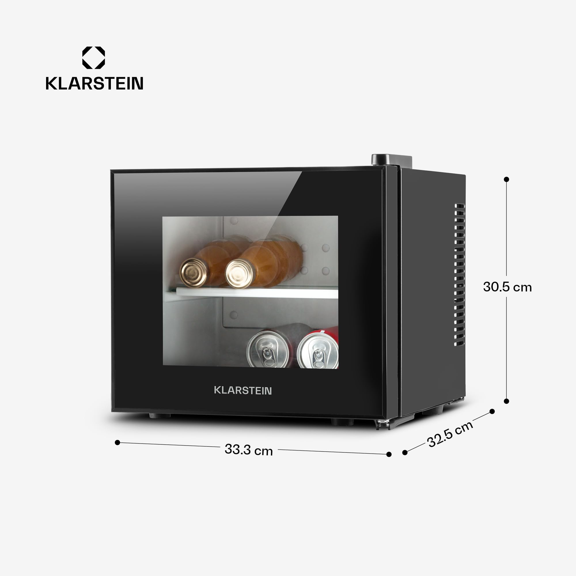 KLARSTEIN Frosty Compact Line - Frigo Compatto, Mini Frigo, Ultracompatto, 65 Watt, Porta in Doppio Vetro Isolato, 10 Litri, Classe A, Temperatura tra 12° e i 18° C, Illuminazione LED, Nero