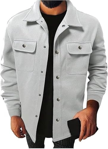 Mens Long Sleeve Button Down Shirt Jackets Casual Collared Work Outwears Tops Fashion Sweater with Flap Pockets (Light Grey,X-Large)