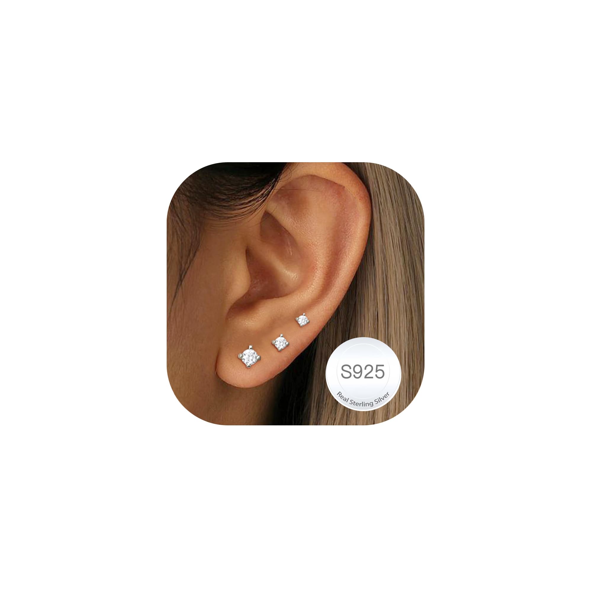 RAJPUTANA 3 Paare Kleine Ohrringe Sterling Silber für Damen Set Hypoallergen 14K Gold Ohrstecker Zartes CZ Stern Punkt Herz Ohrstecker Ohrringe 925 Silber Set Schmuck Geschenke