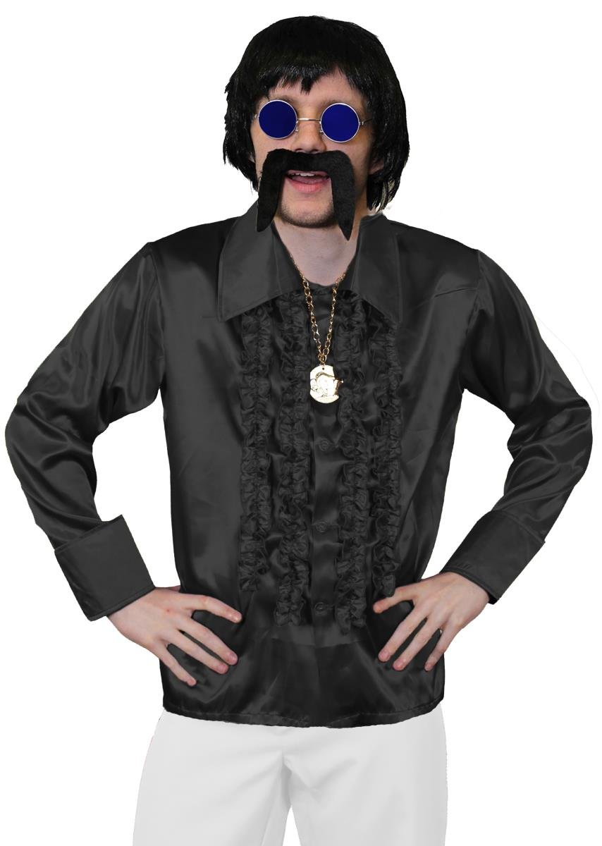 MENS 70S DISCO FANCY DRESS COSTUME - MENS SHORT BLACK WIG, BLACK DISCO SHIRT, GOLD MEDALLION, BLUE COLOURED GLASSES + BLACK MOUSTACHE - FUNKY FANCY DRESS COSTUME - BLACK SHIRT (LARGE)