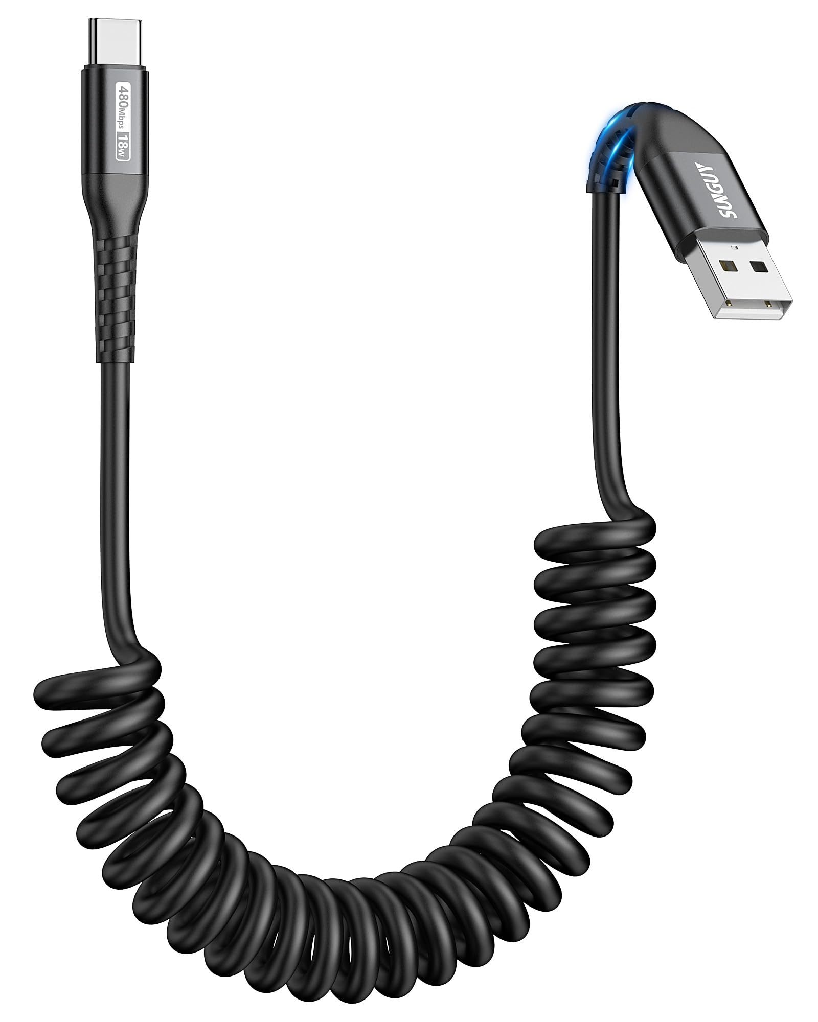 SUNGUY Cavo a Spirale USB C, 1Pezzi 1.2M [Lunghezza comoda: 0.3-0.8M] USB a USB-C e Cavo Dati per Android Auto, CarPlay, iPhone Serie 17/16/15, Galaxy S24 Ultra S23 FE, Google Pixel, Xiaomi - Nero