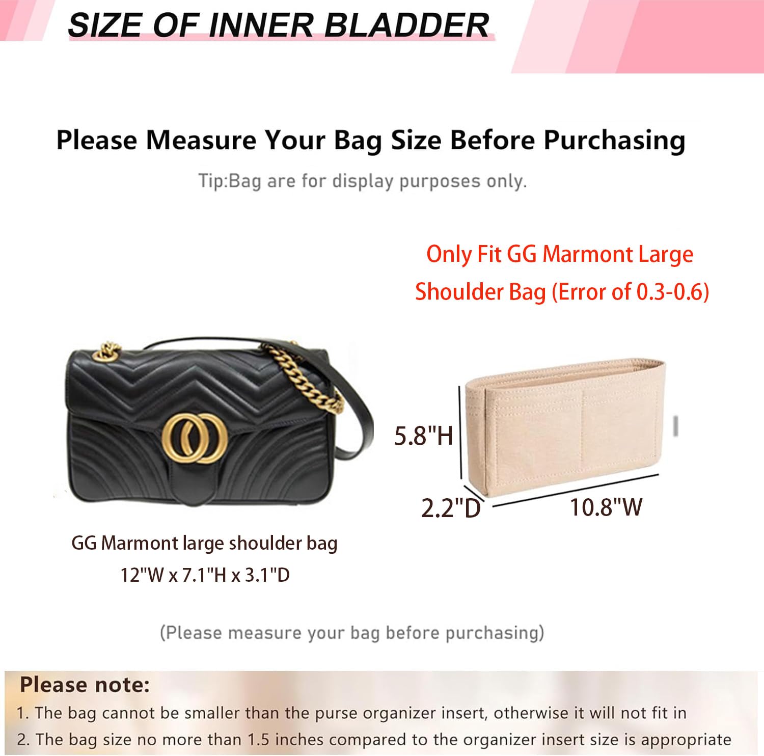 Organizador de monedero, bolsa de fieltro con cremallera para bolso GG Marmont Matelasse (mediano, cremallera gris)