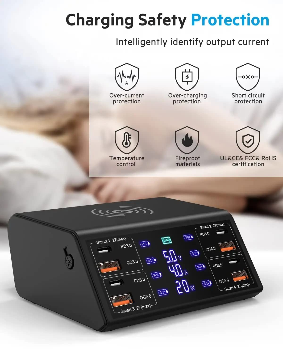 Multi USB Ladestation 100W Mehrere Geräte Ladegerät mit LED Bildschirm Kabelloses Schnell Induktives Ladegerät 8 Ports mit 18W QC3.0 USB und 27W PD-Schnellladungsport für iPhone iPad Samung