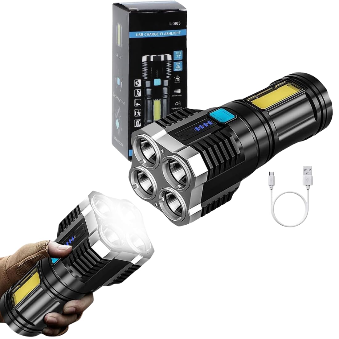 Drumstone® 𝟏𝟓 𝐘𝐞𝐚𝐫𝐬 𝐆𝐮𝐚𝐫𝐚𝐧𝐭𝐞𝐞 Rechargeable LED Flashlight 4W | Waterproof Torch with 4 Lighting Modes, Long Range Beam & Power Bank | Portable Handheld Light for Camping, Hiking(Black)-image-39