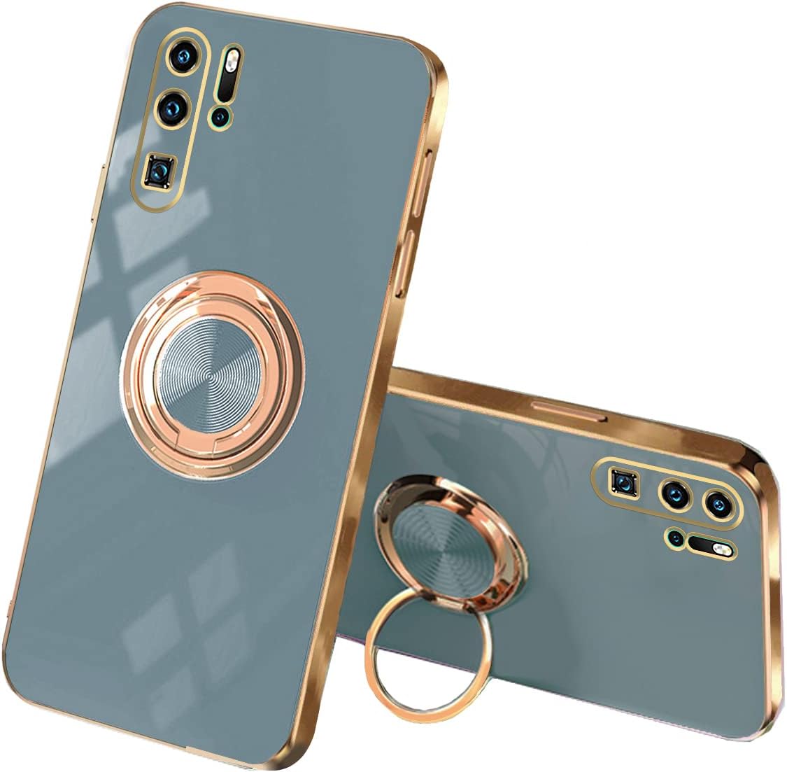 Compatible with Huawei P30 Pro Case Ring Holder Magnet Green, Huawei P30 Pro Phone Case Silicone Shockproof Plate Luxury Slim Cover (Grey)