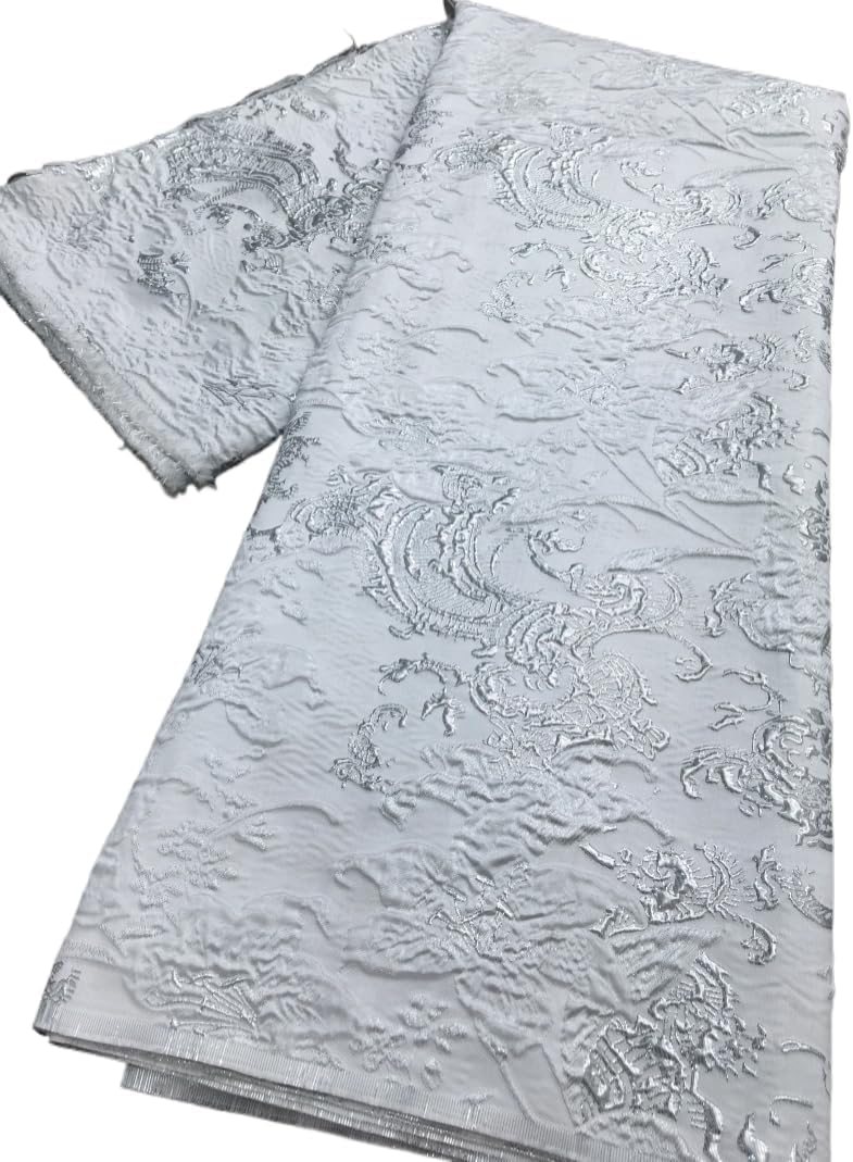 African Lace Fabric 5 Yards Floral Jacquard Embroidery with Gold Foil Craft, Wedding Dress Gown Fabric (White)