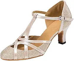 Tênis feminino de dança de salsa tango sintético com tira em T com glitter