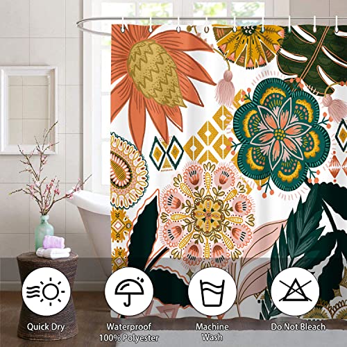 Image of Abstract Bohemian Floral Botanical Shower Curtain, Mid Century Morden Boho Shower Curtain, Waterproof Shower Curtains for Bathroom (Orange)