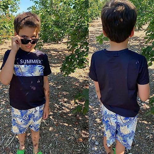 Image of GERU Boy Shorts Sets Hawaiian Outfit Kid Leaves Floral Short Sleeve Shirt Top+shorts Suits