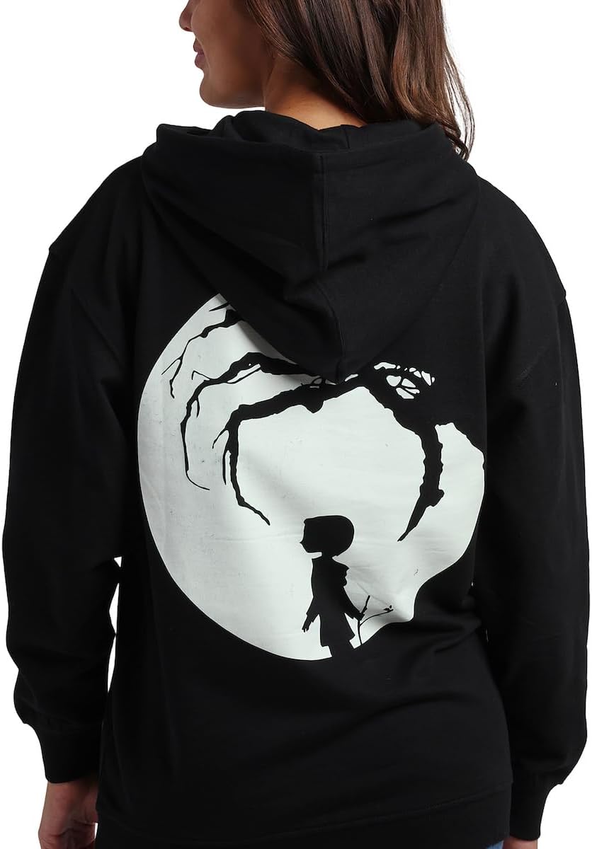Bioworld Coraline Full Moon Character Art Women's Black Long Sleeve Hooded Sweatshirt
